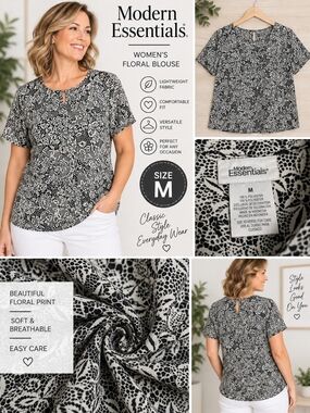 Modern essentials Women's medium black floral blouse #33